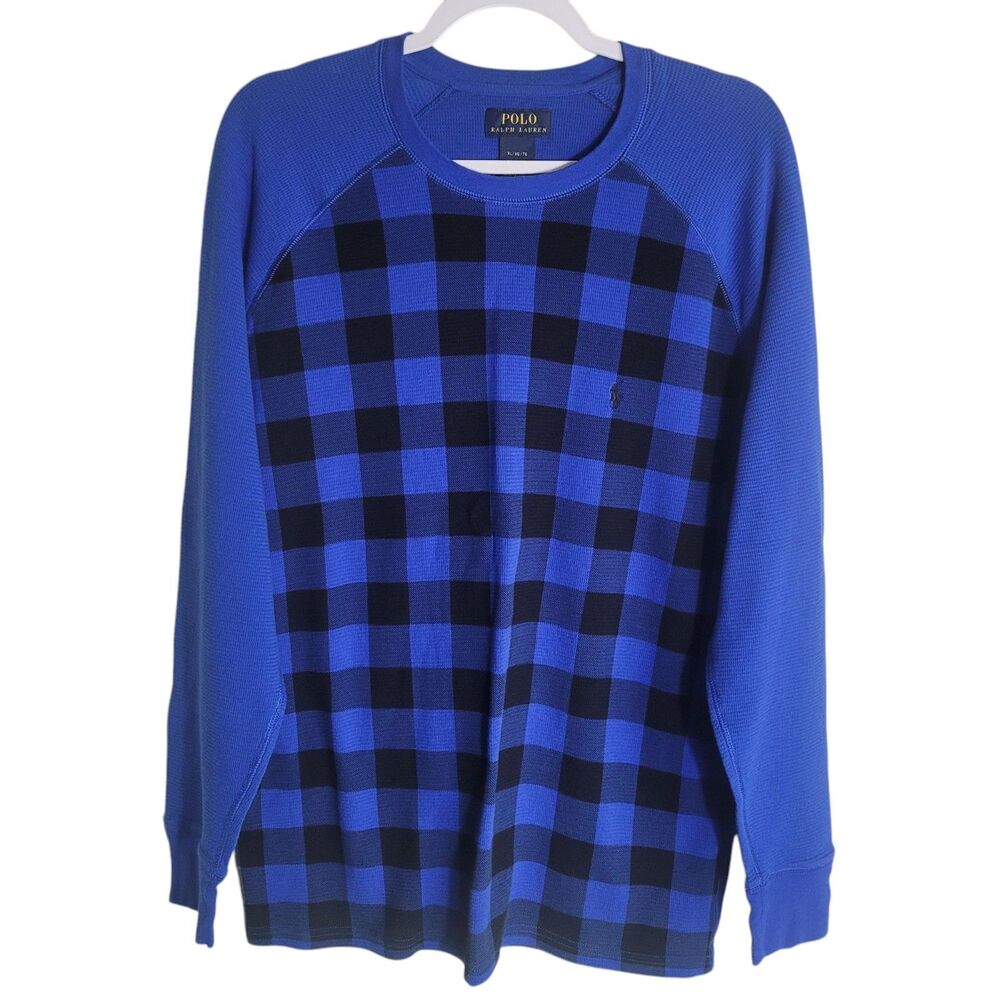Polo Ralph Lauren Buffalo Plaid Waffle Knit Thermal Shirt Men's XL Blue Black